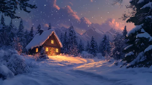 Cozy winter cabin glows softly beneath a starlit sky.
