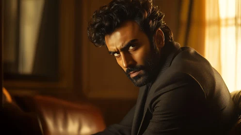 Moody portrait of a thoughtful man in warm golden light