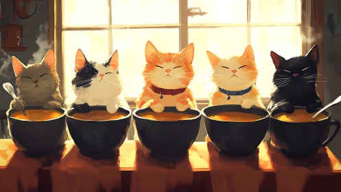 Five Cats Sitting in Cauldrons by Sunlit Window.