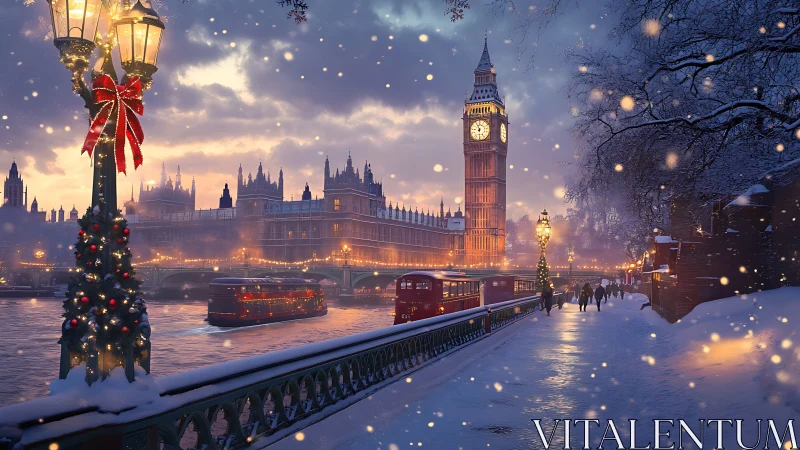 Snowy London riverside glowing with cozy festive lights.