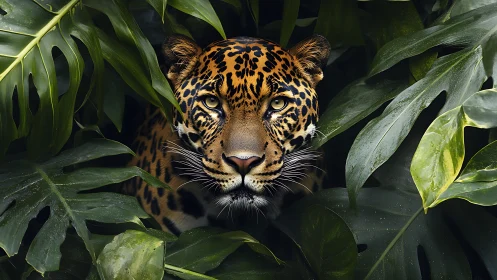 Jaguar portrait framed by lush tropical monstera foliage.