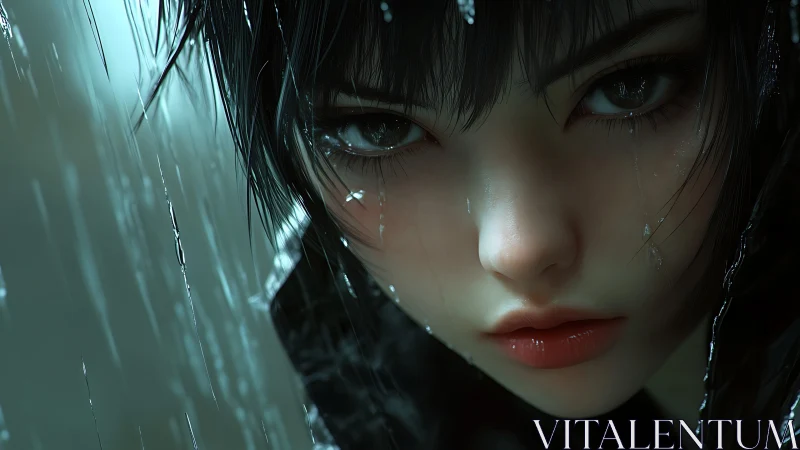 Wet-haired girl stares through rain with intense reflective gaze