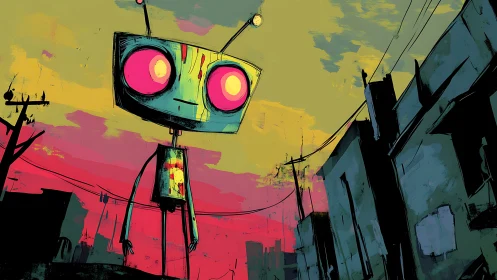 Neon eyed robot wanders dusk soaked alleyway skyline.