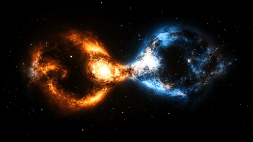 Colliding orange and blue nebulae form glowing infinity shape.