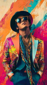 Stylish man in vivid suit against abstract painted wall.