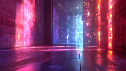 Vibrant hallway with glowing lights and dreamy, futuristic effects.