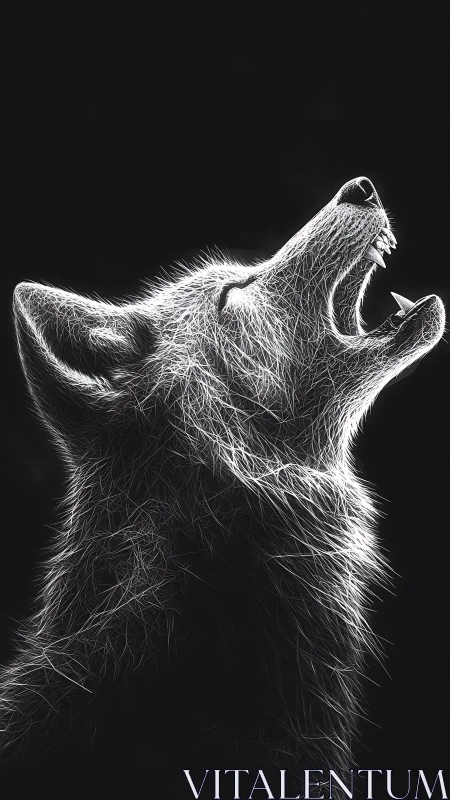 Luminous wolf profile howling in stark monochrome night.