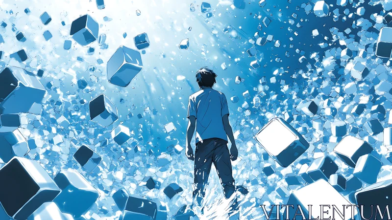 Boy strides through shattering data cubes toward light. Period.