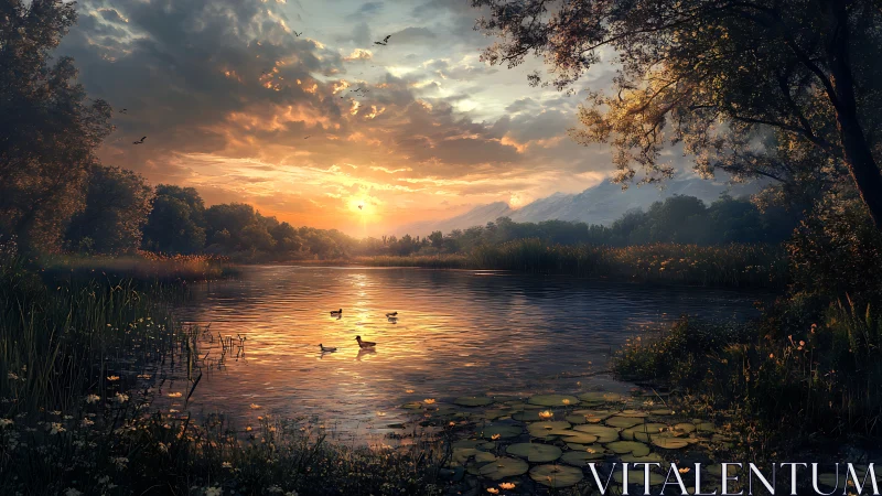 Sunset lake with ducks, trees, reeds, and distant mountains.