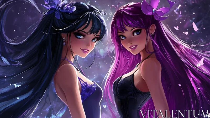 Midnight sisters glow with magic in soft violet starlight