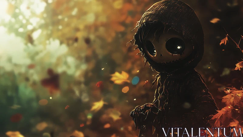 Hooded doll-like figure stands in glowing autumn forest