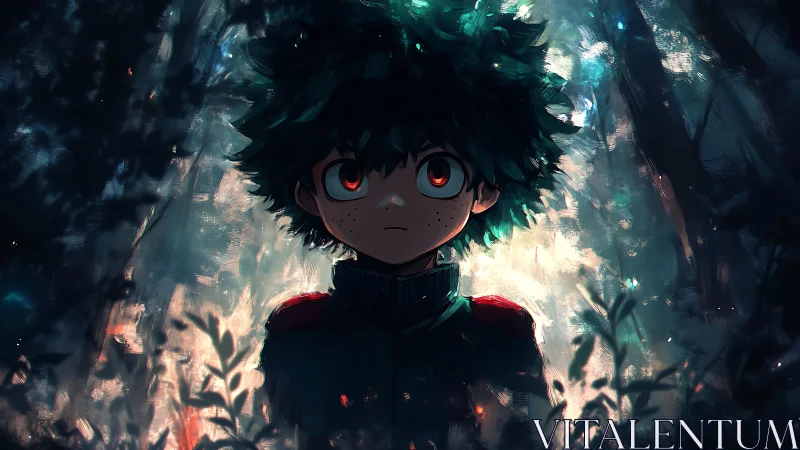 Young forest hero stands in luminous painted shadows.