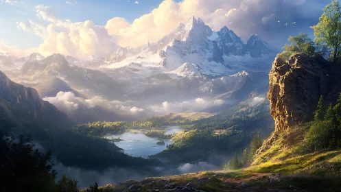 Sweeping alpine valley with volumetric light and atmospheric depth