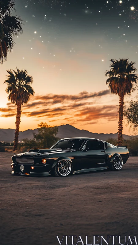 Low-slung classic muscle car is parked in desert landscape