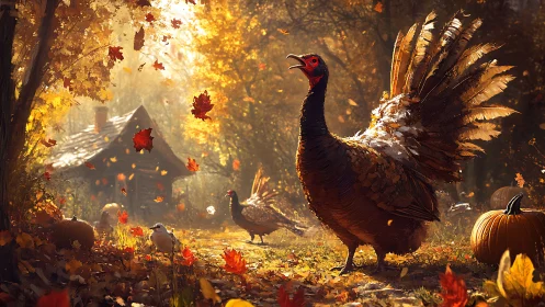 Autumn turkey heralds a golden woodland harvest morning.