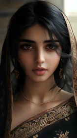 Portrait of Indian woman in ornate embroidered sari. Period.