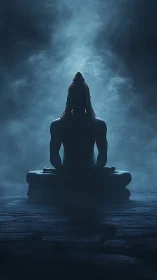 Silhouetted seated figure in mist with centralized backlight.