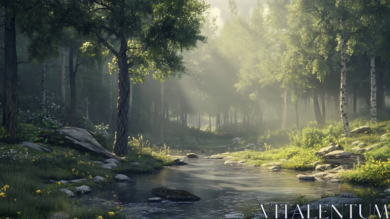 Forest Stream with Deciduous Trees and Morning Light