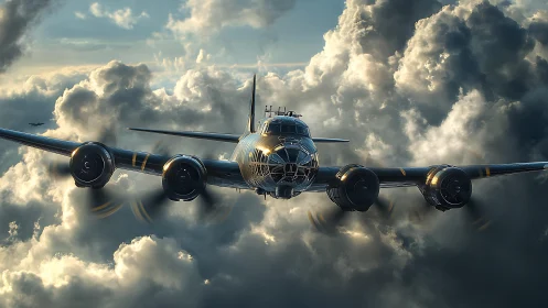 Storm-cloud corridors cradle a gleaming vintage bomber in flight