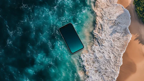 Tidal waves cradle a floating smartphone in teal surf