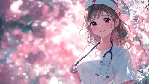 Cherry blossom nurse portrait under soft spring light.