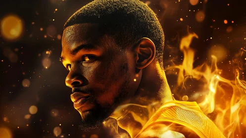 Intense athlete portrait rendered with fiery particle effects and rim lighting
