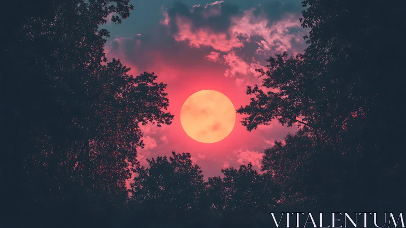 Backlit forest silhouette frames saturated red atmospheric sun disk