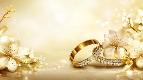 Golden wedding rings rest amid glowing cherry blossoms.