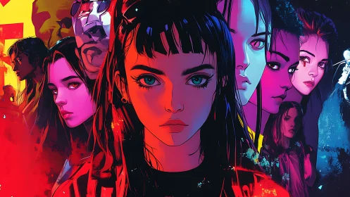 Neon cyberpunk heroines in fragmented comic montage poster.