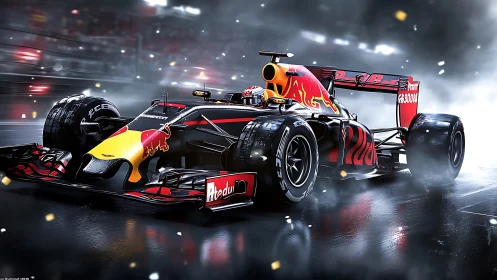 Red racing car powers through wet track in dynamic speed.