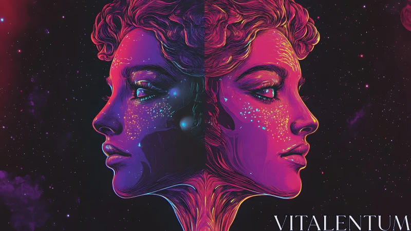 Neon dual portrait of cosmic woman in mirrored profile.