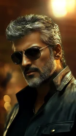 Silver-haired rebel in leather jacket under warm city lights.