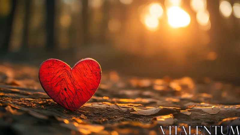 A Glowing Red Heart Resting in Nature's Golden Embrace