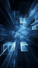 Futuristic blue data cubes forming dynamic digital corridor.