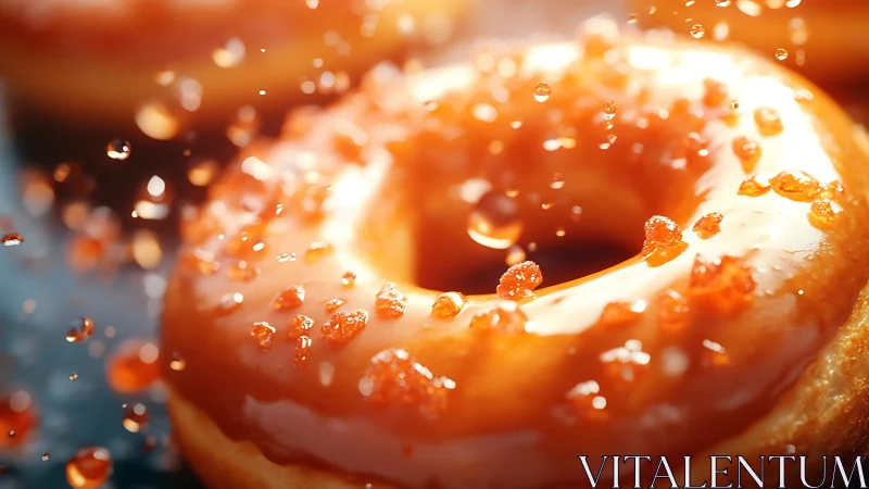 High-gloss caramel doughnut with suspended syrup droplets in bokeh field
