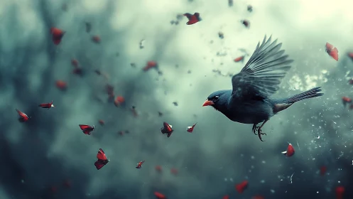 Black Bird Pursues Red Butterflies Through Misty Dreamscape.