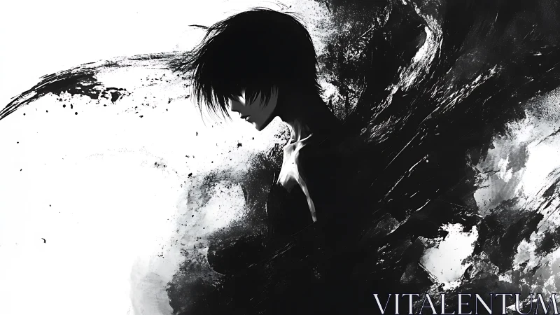 Monochrome profile portrait dissolves into dynamic ink splatter