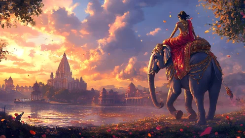 Elephant-mounted regal figure surveying luminous riverside temple.