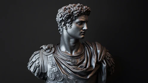 High-contrast 3D render of classical Roman bust with ornate armor