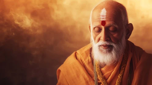 Monastic elder in saffron robes within aureate vapor field.