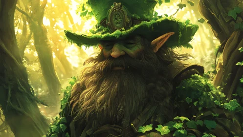 Woodland sage in moss-crowned hat dreaming between trees.