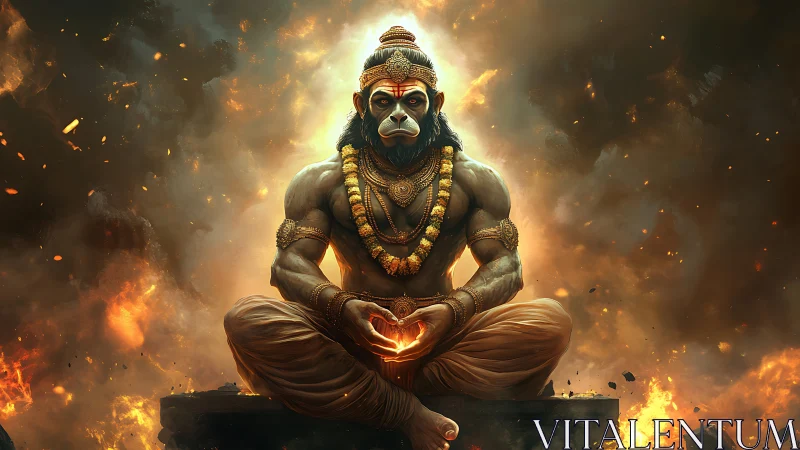 Hanuman deity in meditative pose amid swirling flames.