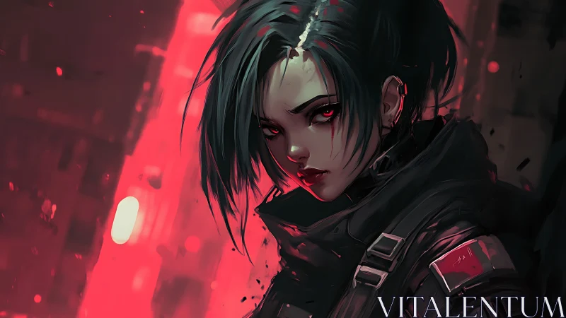 Cyberpunk female operative in red neon city environment.