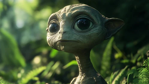 Gentle forest alien gazing softly through sunlit leaves.