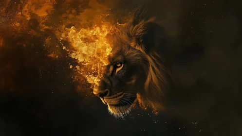 Fire-forged lion spirit emerging from swirling cosmic embers.