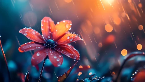 Rain-Soaked Red Flower with Bokeh Lights and Water Droplets