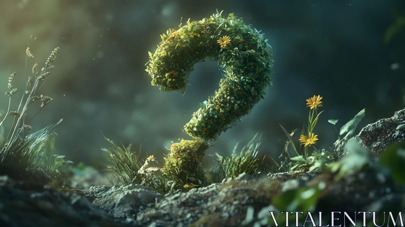Lush Green Question Mark in Magical Nature Scene, Photorealistic Style.
