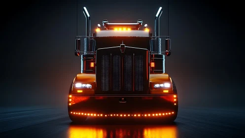 Bold orange semi truck glowing warmly in dramatic night light.