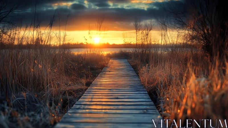 Timber boardwalk through reeds toward low winter sunset glow