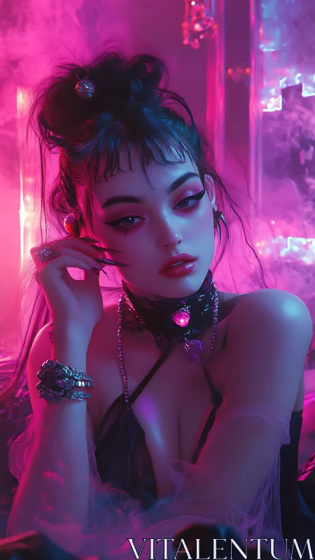 Neon-lit gothic portrait with chromatic vapor diffusion field.